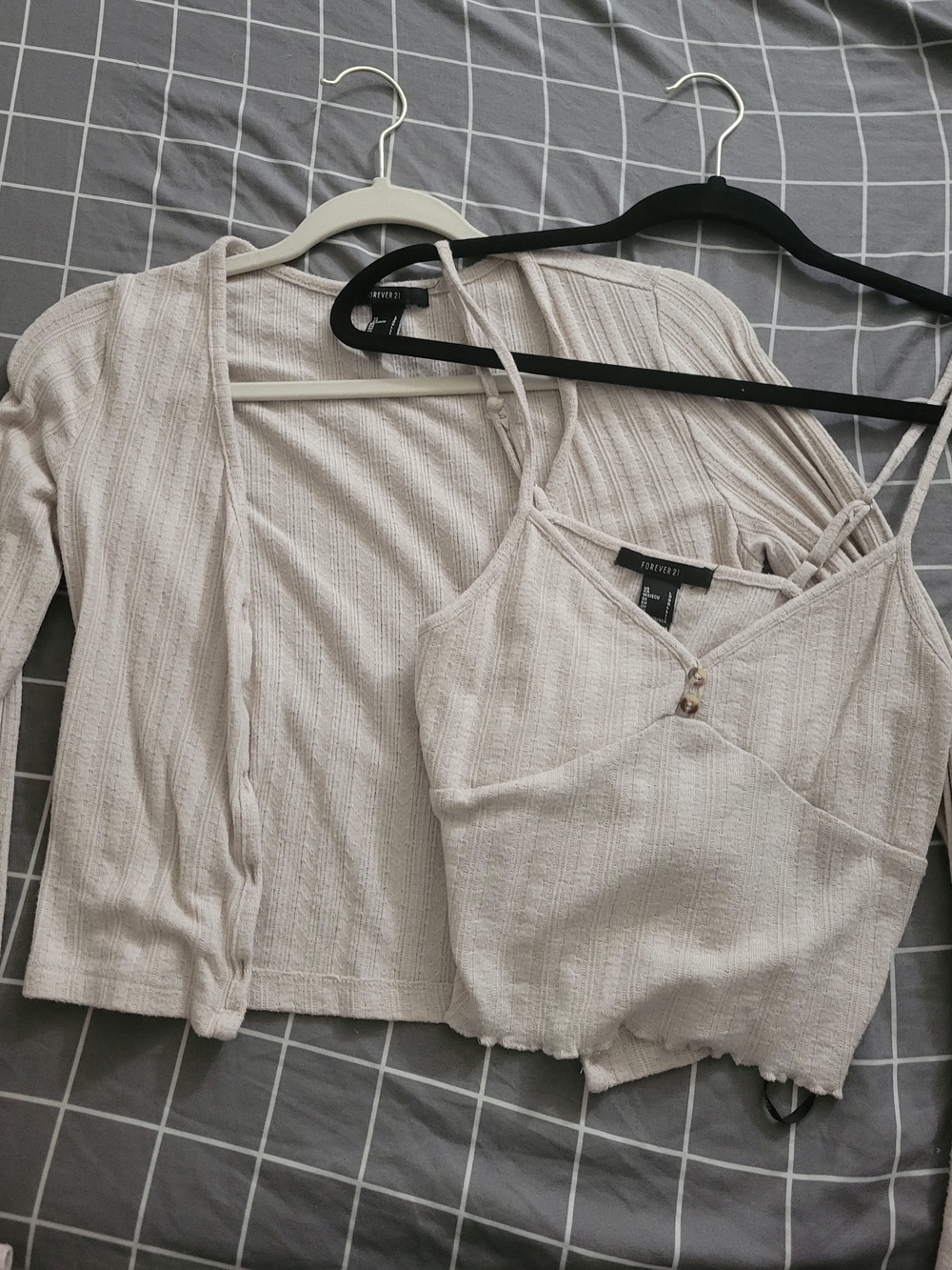 Forever 21 Cream Ribbed Spaghetti-Strap Crop Tank with Matching Open Cardigan